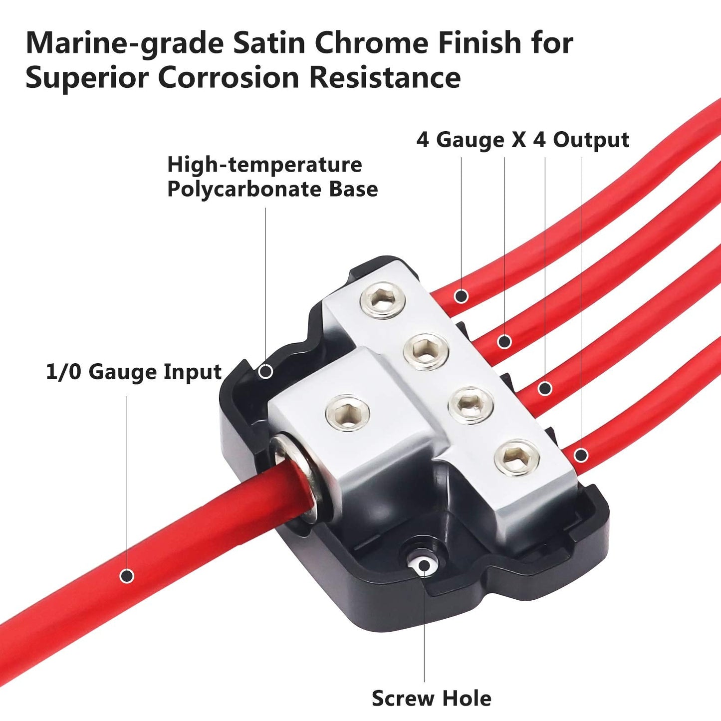 Recoil Db14P 4 Way Power Distribution Block, 1 X 0/2/4 Gauge In / 4 X 4/8 Gauge Out Power Distribution Ground Distributor Block