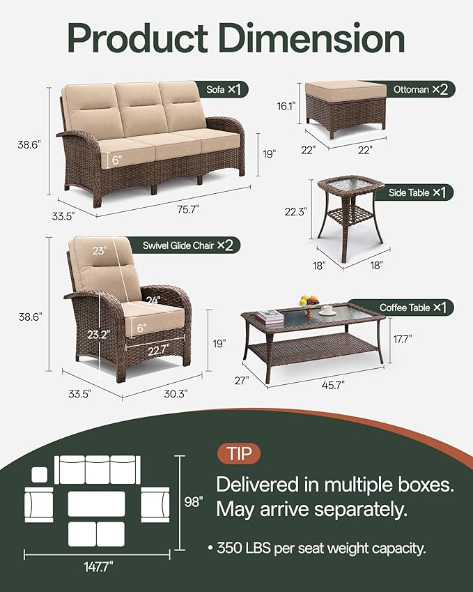 7-Piece Patio Furniture Set with 6-Inch Thick Cushions, High Back Outdoor Couch and Arm Chairs, All-Weather Conversation Set for Porch, Deck, Yard, Pool in Beige