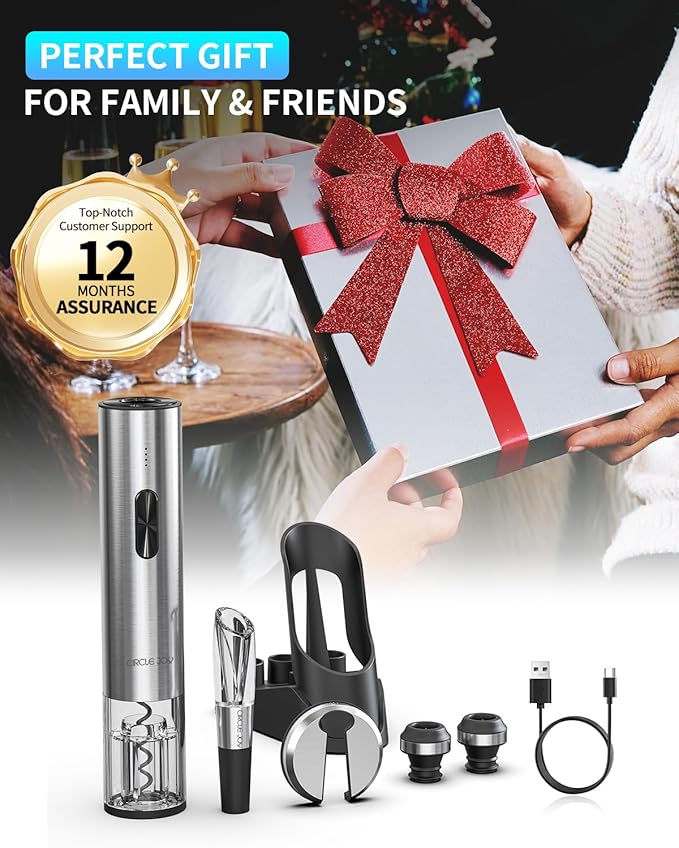 CIRCLE JOY Electric Wine Opener 7-in-1 Stainless Steel Rechargeable Electric Wine Bottle Opener Gift Set with Automatic Vacuum Pump, Foil Cutter, Wine Pourer, 2 Vacuum Stoppers & Charging Station
