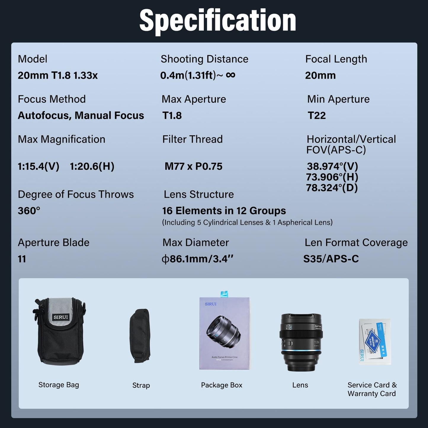 SIRUI 20mm T1.8 1.33X Anamorphic Lens, S35 Autofocus Lens for E Mount Cameras, A6500, A6700, FX3/30, ZV-E Series, A7 Series, A9/9II (Neutral Flare)