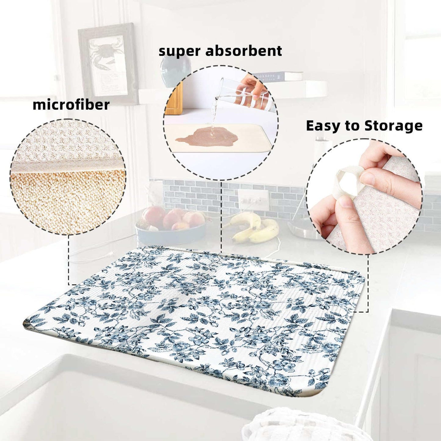 Floral Spring Large Dish Drying Mat for Kitchen Counter 18x24 Microfiber Absorbent - Foldable, Non-Slip, Compact Plant Leaves Kitchen XL Drying Mats for Dishes, Countertops, and Cookware