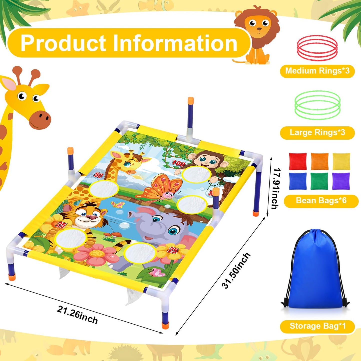 Leitee 2 in 1 Bean Bags Toss Game Animal Cornhole Bean Bags Ring Toss Game Kids Cornhole Games Set Party Carnival Games Toys Gifts Birthday Games Ideal Birthday for Ages 4-8 Toddlers