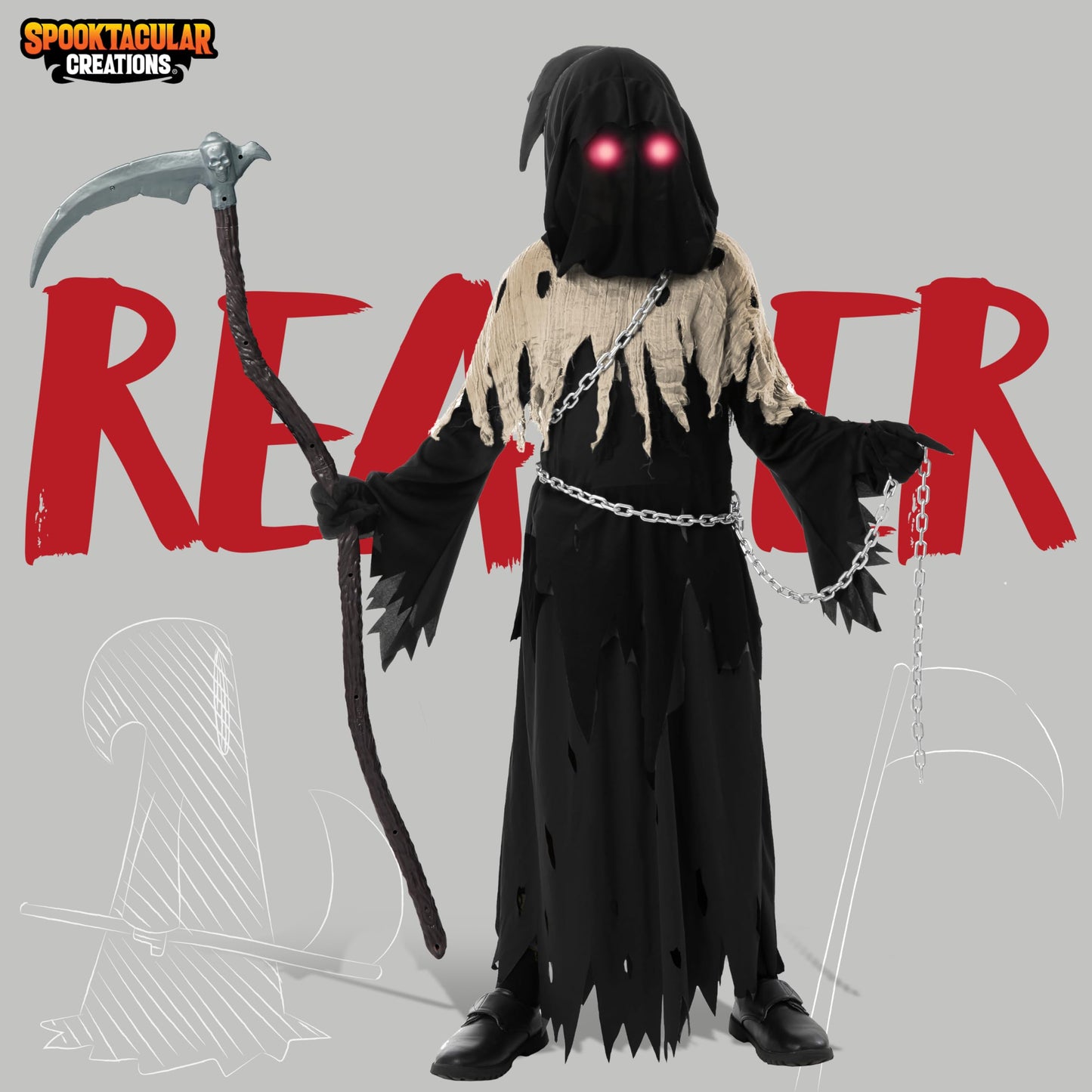 Spooktacular Creations Glowing Eyes Grim Reaper Costume for Kids, Halloween Costume for Boys, Halloween, Dress-up Party-Brown