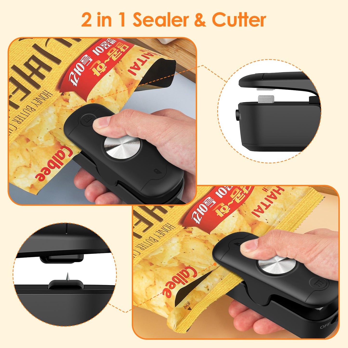 OEOP Bag Sealer, 2 in 1 Mini Bag Sealer Heat Seal and Cutter, Portable Chip Bag Sealer Heat Sealer Bag Resealer for Snacks Candies Plastic Bag Food Storage (Batteries Included)