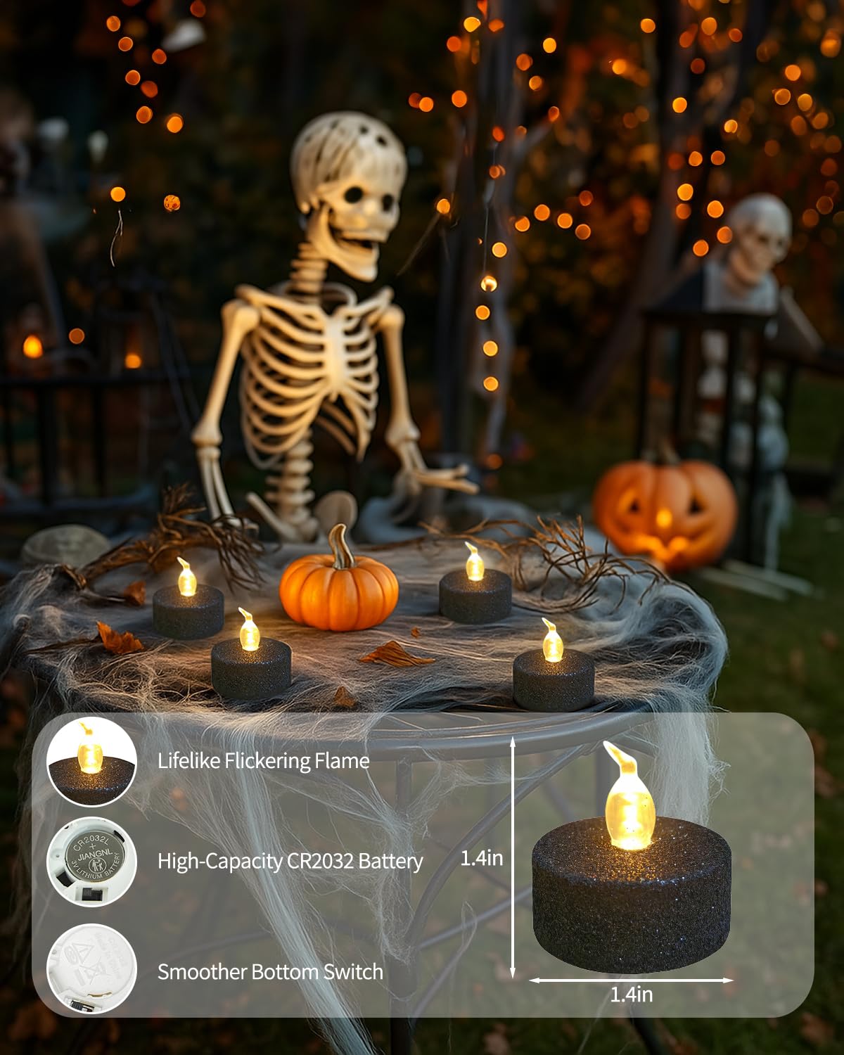 ONEIHOMM Black Tea Lights with Timer, 12 Pack Glitter Tealights Candles Battery Operated for Holiday, Event, Halloween Decorations