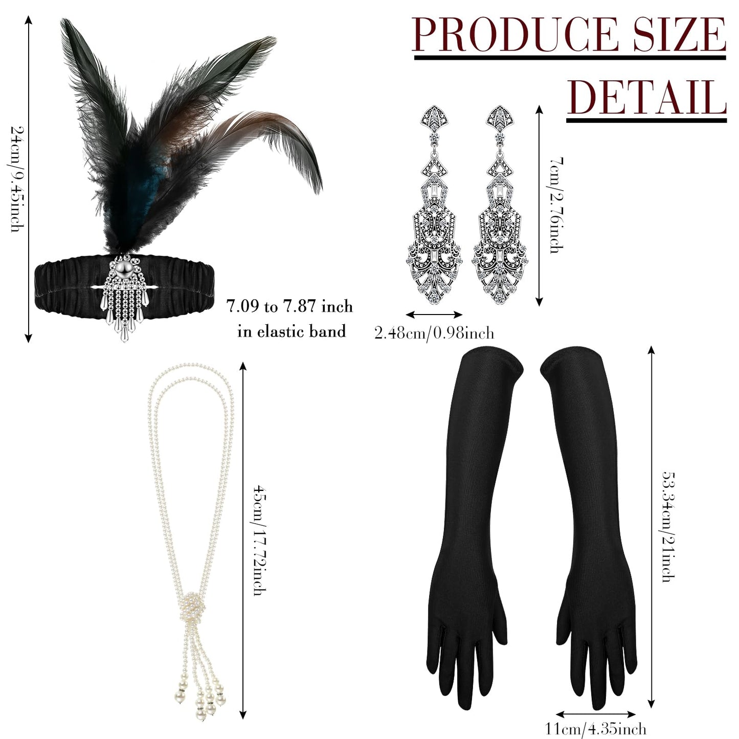 Tisancy 6 Pcs 1920s Flapper Costume Women Dress Roaring 20s Outfit Accessories Set Headwear Earring Necklace Gloves Stick(Small)