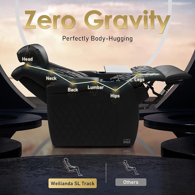 Weilianda Home Theater Seating Top Grain Leather Zero Gravity Recliner Chair Power Headrest Recline Movie Seat Gaming 7 Colors Mood Light Sofa with Tray Table USB Charge Row of 4 Black