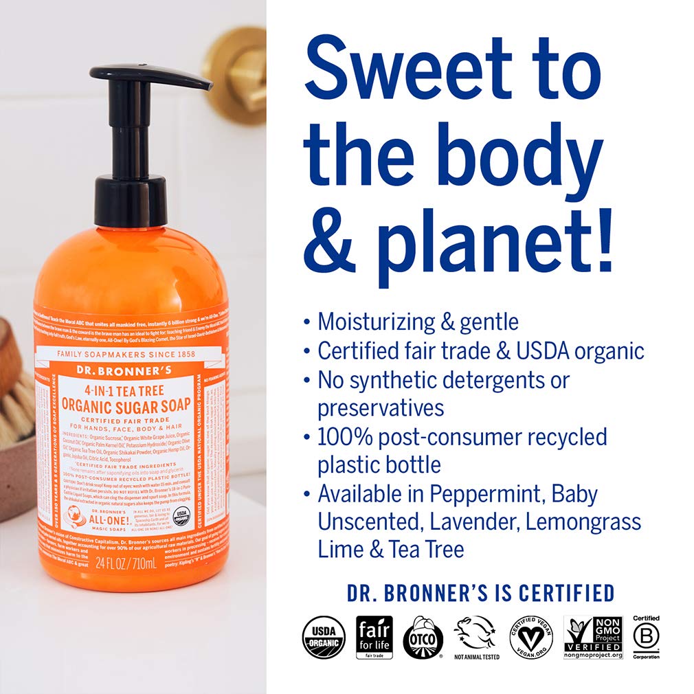 Dr. Bronner's - Organic Sugar Soap (Tea Tree, 24 Ounce) - Made with Organic Oils, Sugar and Shikakai Powder, 4-in-1 Uses: Hands,