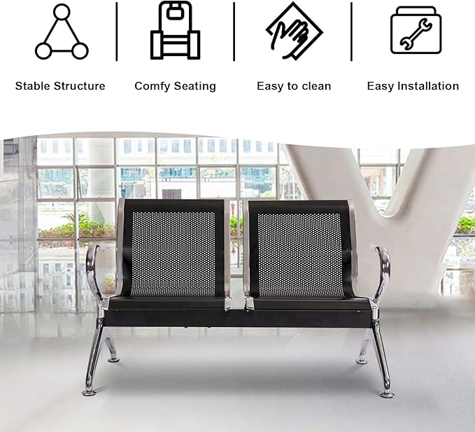 kinbor Waiting Room Chairs - 2 Seat Office Guest Chair Waiting Room Bench Furniture with Armrest for Clinic, Bank, Airport, Black