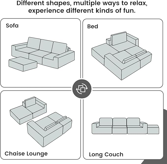 108" Boneless sectional Couch for Living Room,Convertible L-Shape Fleece Couches with Ottoman, Cloud Modular Sofa with Deep Seat for Bedroom, No Assembly, Grey