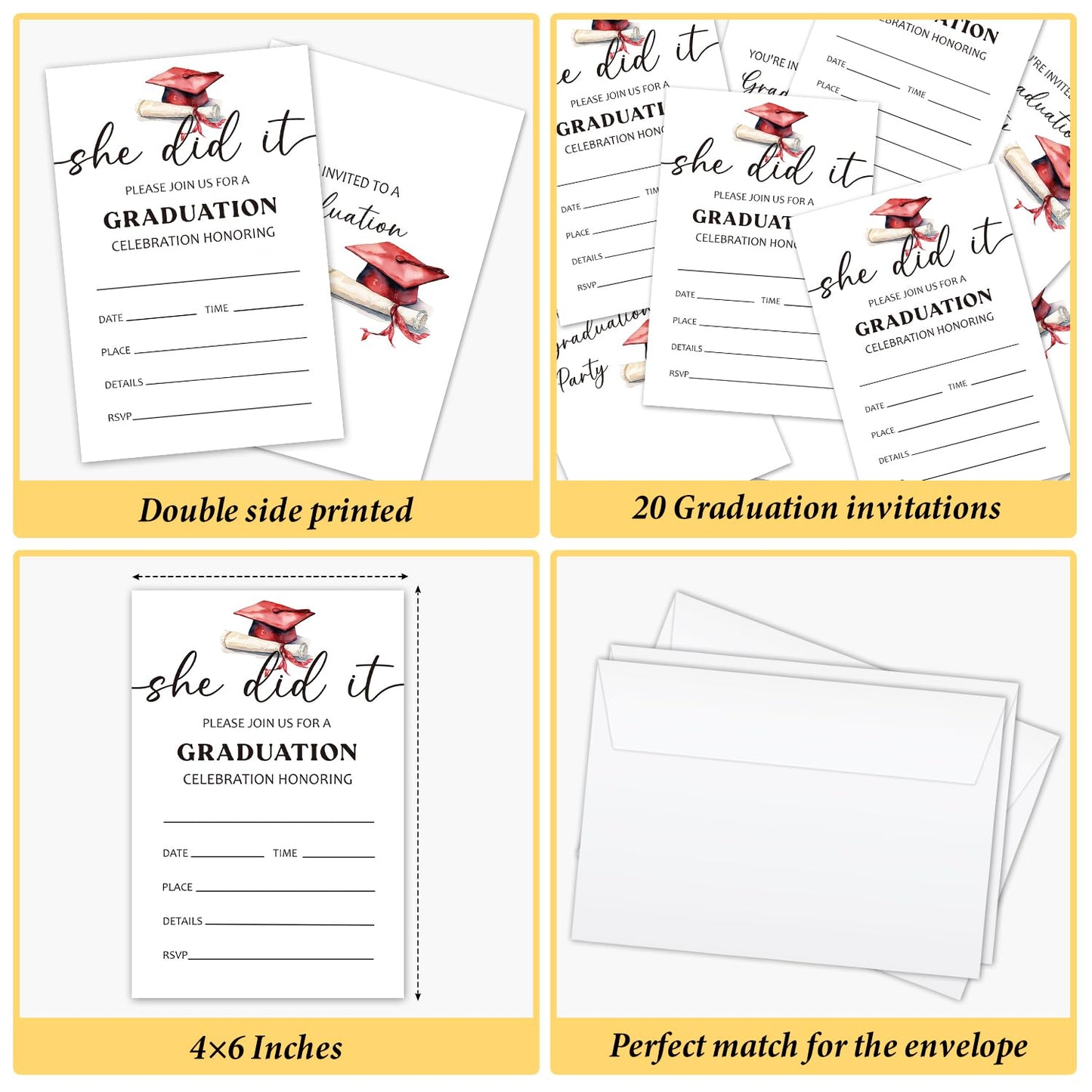 AWDSTN She Did It Graduation Invitation with Envelopes, 20 Set Graduation Announcements Grad Party Invites 2025 For College Junior High School Masters Grad Celebration -02