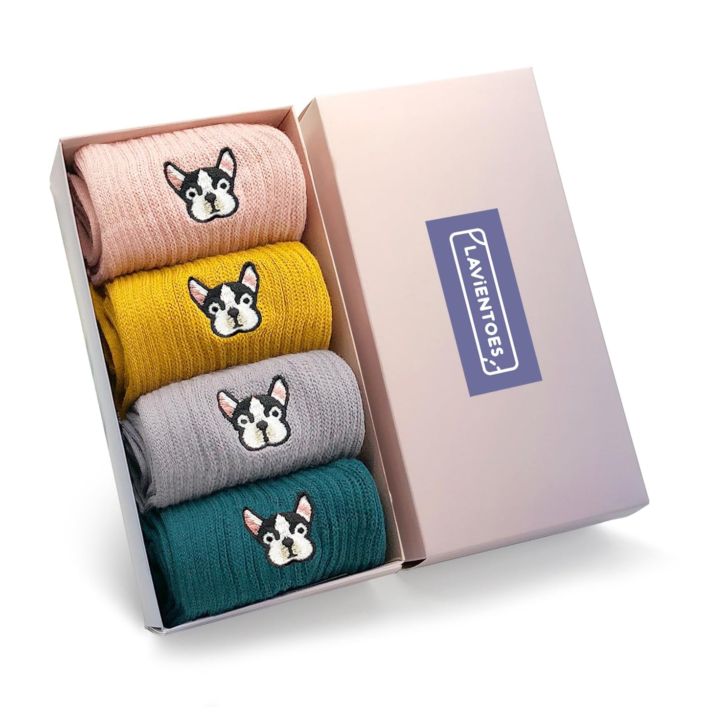 Jinny's Shoppe Women’s Cute Crew Socks Gift Set – 3/5 Pairs Warm Cotton Novelty Holiday Socks for Christmas, Birthday, Valentine’s Gift (Bulldog Embroidery)