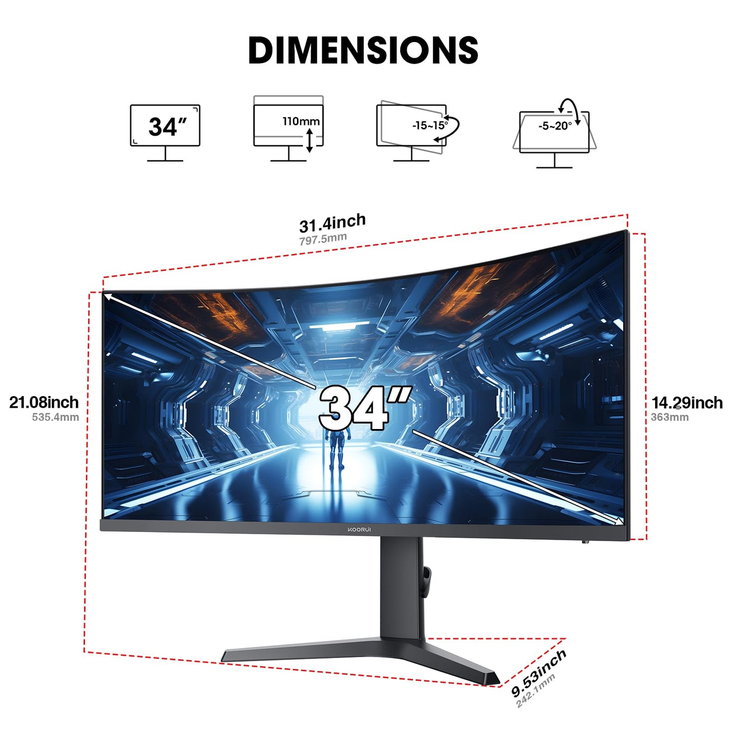 KOORUI 34-inch Curved Ultrawide WQHD 3440×1440 Gaming Monitor, 180Hz 1000R- PIP/PBP, 1ms(MPRT), HDR400, DCI-P3 95%, FreeSync Premium, 1 x DP 1.4 & 2 x HDMI 2.0, Tilt Height Swivel Adjustment, 34E6UC