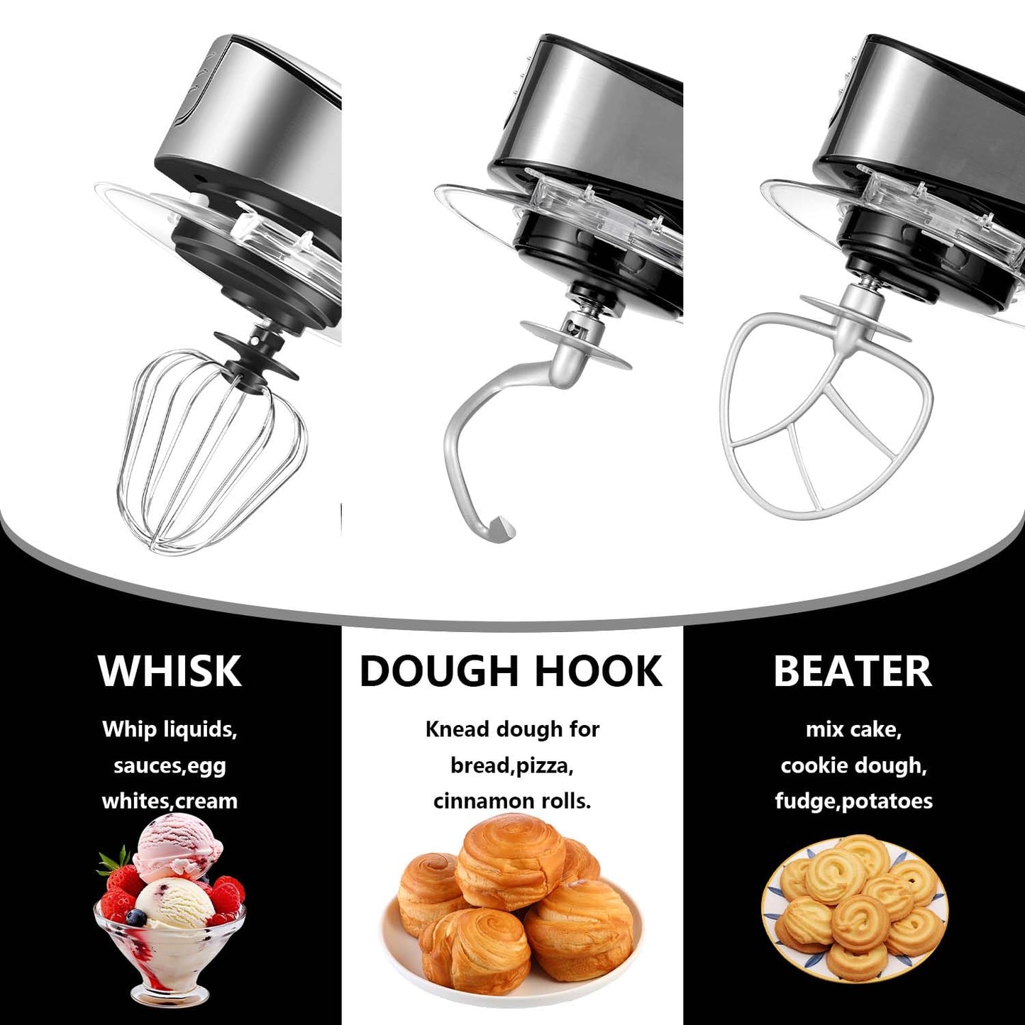 SeaSpark Multifunctional Stand Mixer, 6 in 1 Stand Mixer, 6.3Qt Tilt-head, Standing Mixer with Stainless Steel Bowl, Meat Grinder, Juice Blender, for professional Baking and Most Home Cooks, Black