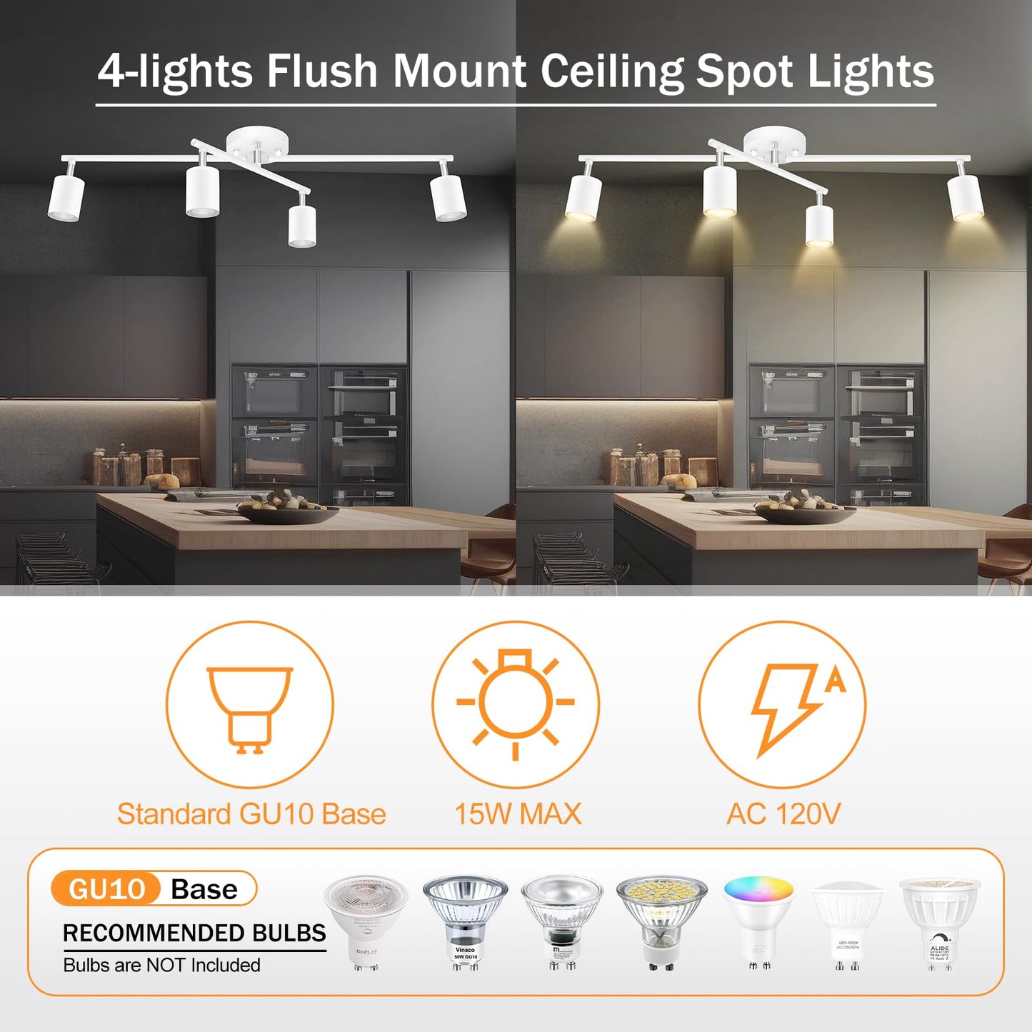 4 Light Track Lighting Kit Kitchen, White Track Lighting Fixtures Ceiling, 4 Way Modern Flexible Spot Track Lighting, Industrial LED Lights for Room Hallway Bedroom(GU10 Socket, Bulb Not Included)
