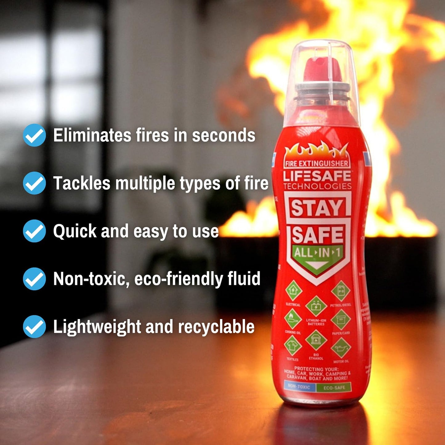 LifeSafe Technologies StaySafe All-in-1 Portable Fire Extinguishing Spray | Compact Fire Spray Smothers 10 Types of Fires | Non-Toxic, Non-Hazardous & Eco-Friendly for Home, Kitchen and Garage