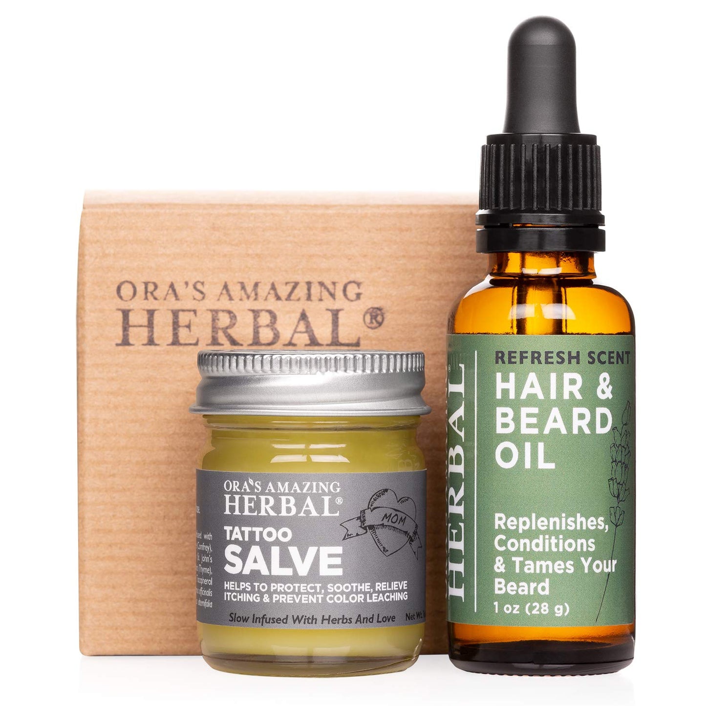 Tattoo Salve and Beard Oil Gift Set for Men with Tattoos and Beards, Tattoo Gifts, Made in The USA, Ora's Amazing Herbal (Tattoo