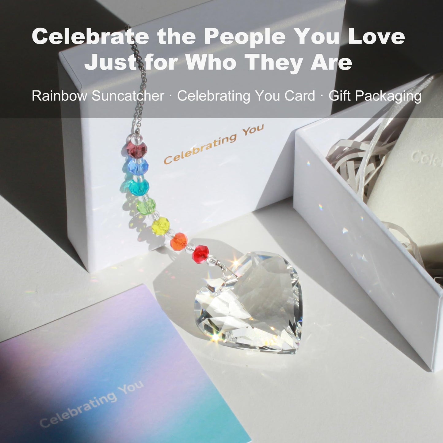 WOOWA Celebrating You! Friendship Gifts, BFF, Bestie Gifts. Best Friend Birthday Gifts. Unique 45 mm Crystal Heart Rainbow Maker Hanging Ornament