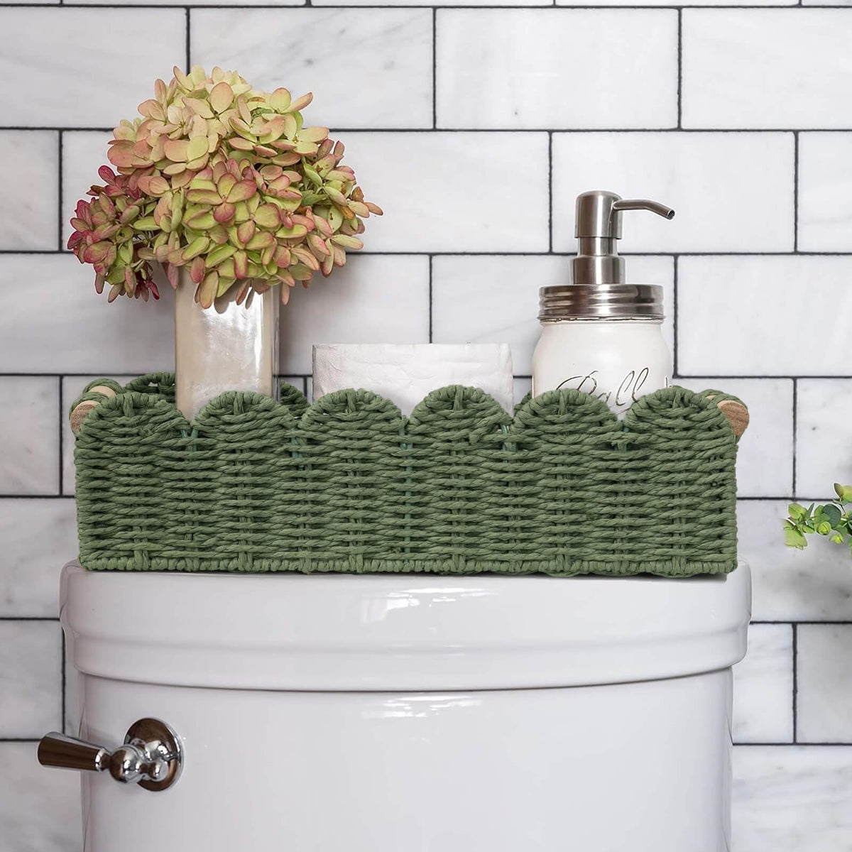 CubesLand Toilet Paper Storage Basket Scalloped Edge Home Decor Green Basket, Living Room Cozy Decor, Paper Rope Small Baskets for Over Toilet Storage Shelf, End Table, Shelves, with 2 Wooden Handles