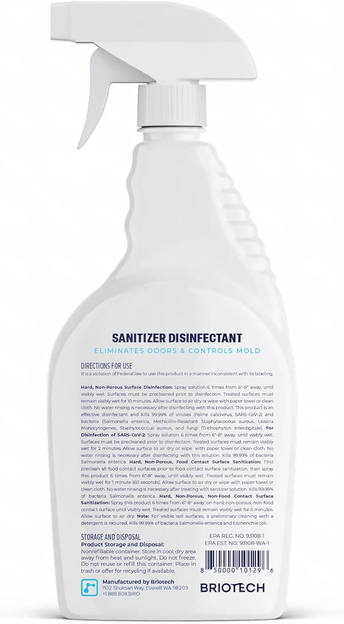 BRIOTECH Sanitizer Disinfectant Hypochlorous Spray, Kill 99.99% of Viruses & Bacteria, Control Mold, Eliminate Odor, Gentle for Nursery & Play Rooms, Food Contact Surface Sanitizer, 32 fl oz (4 Pack)