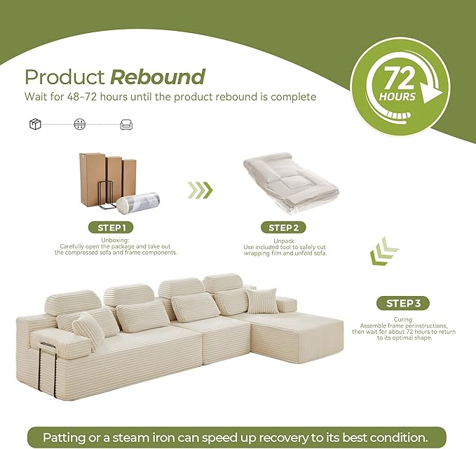 136" L-Shaped Cloud Modular Sectional Sofa with Chaise & Headrest, Boneless Deep Seat Plush Corduroy Couches for Large Living Room, No Assembly Required (White, 136" L-shapred Chaise)
