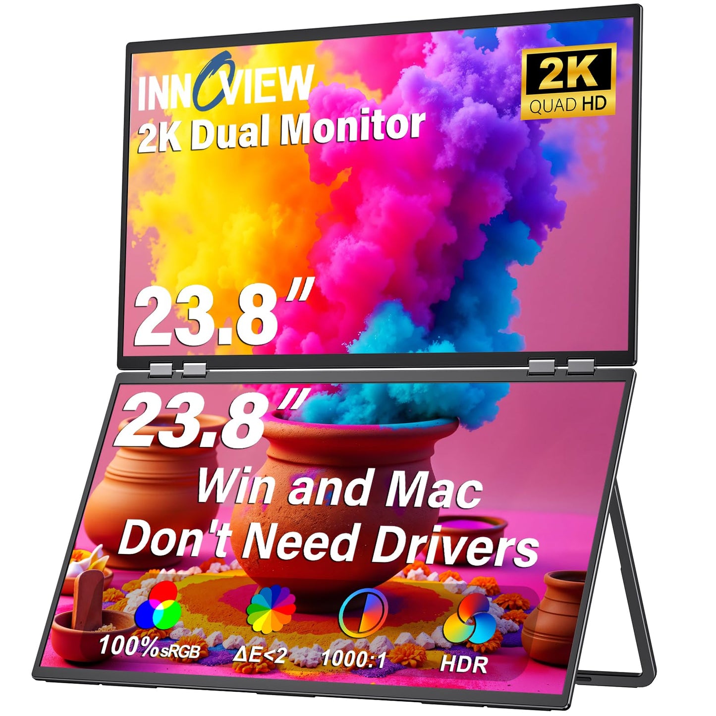 InnoView 2025 23.8 2K Dual Portable Monitor QHD 2560 x 1440P 100% sRGB - Foldable & Stackable Design with 315 Screen Adjustment