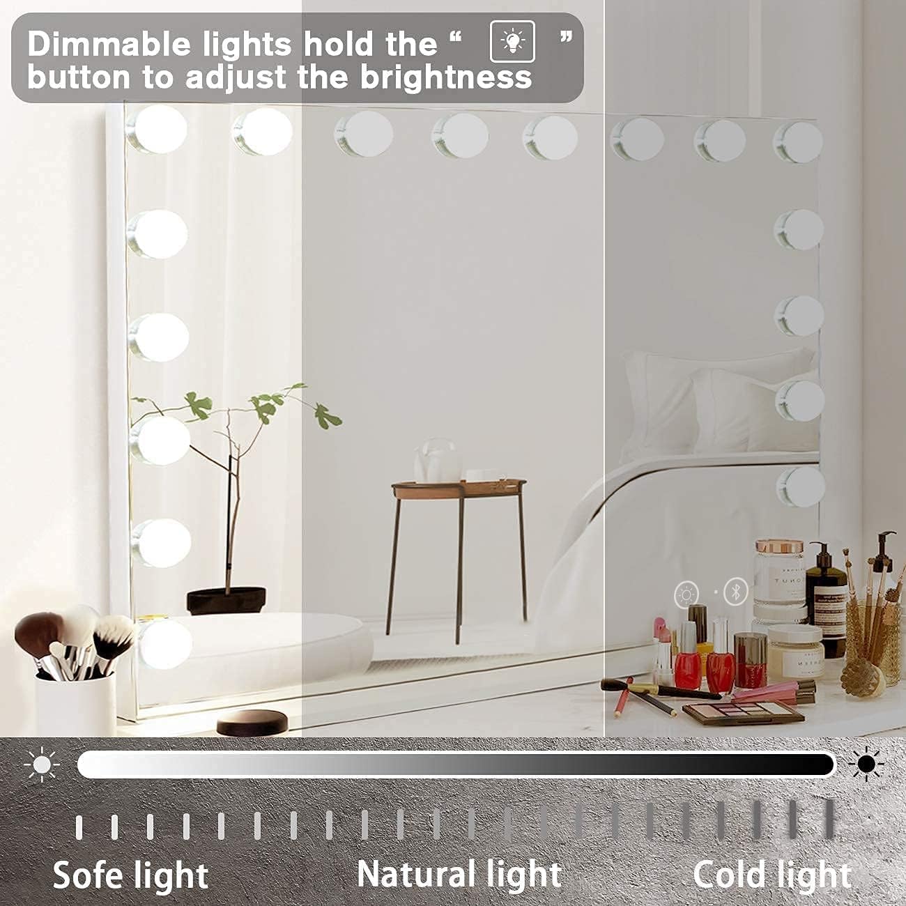 Hansong Vanity Mirror with Lights and Bluetooth Speaker 32"x 22.8" Hollywood Makeup Mirror with 18 LED Bulbs, Large Lighted Mirror with 3 Color Modes, USB Charging, 10x Magnification, Tempered Glass