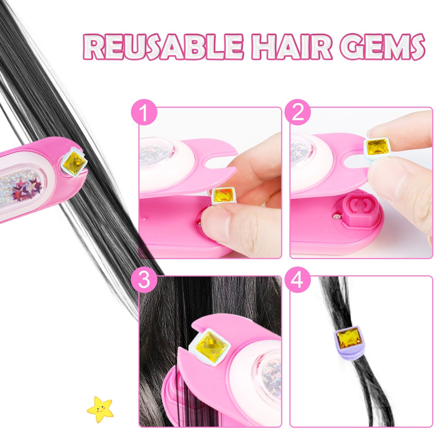 Kids Hair Gem Stamper Kit, Bling Hair Jewels for Girls Toys, Quick Gems Hair Jeweler, Hair Styling Tool with Reusable Shining Diamonds, Birthday Gifts Toys for Girls Ages 3 4 5 6 8-12