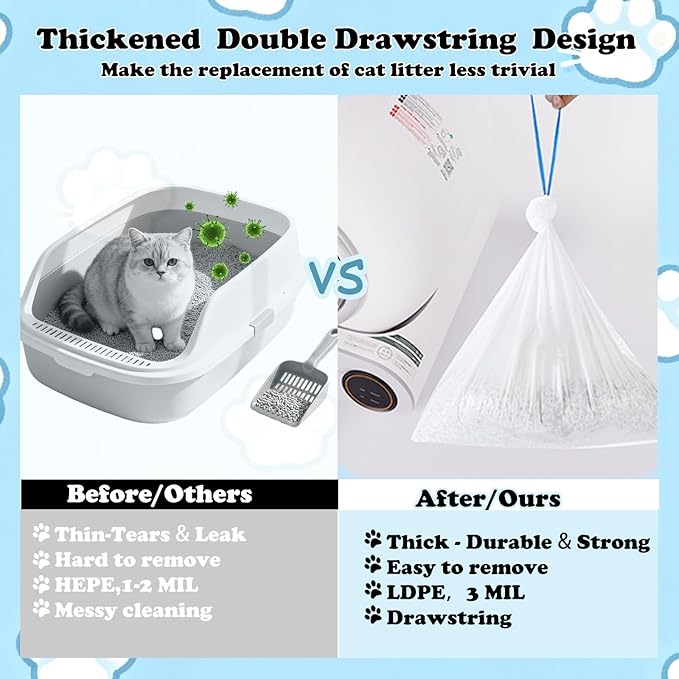 120 Pack Cat Litter Box Liners, 26.4" x 23.6" Automatic Litter Box Bags, 3MIL Extra Thick Leakproof Cat Litter Bags, Compatible with Litter Robot 3 & 4, 10-12 Gallon Heavy Duty Drawstring Waste Bags