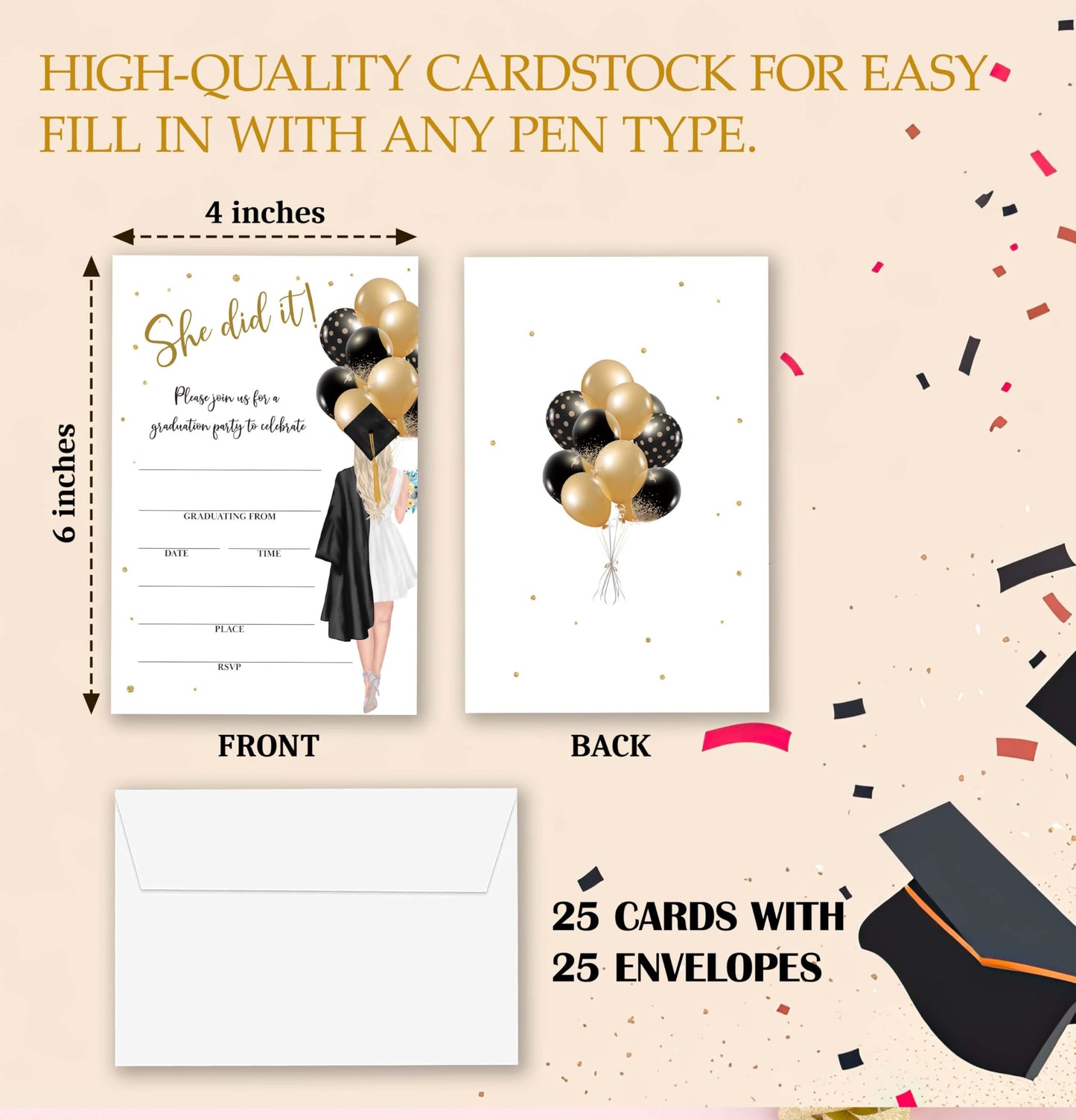 TIRYWT Graduation Party Invitations, She Did It Graduation Invite Cards, 2025 Graduation Announcements Party Invite Card, Grad Celebration Party Supplies, 25 Invites With Envelopes (4"X6") -D01