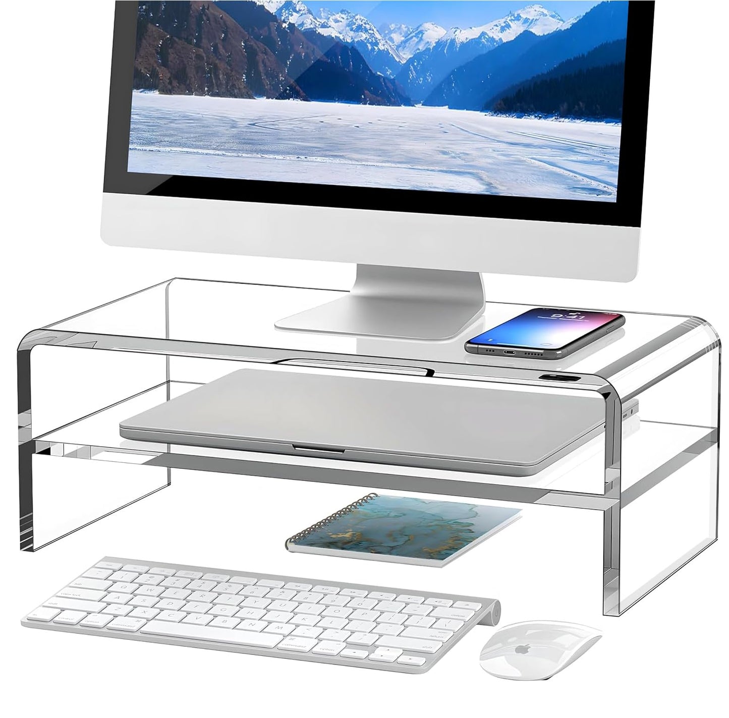 Egchi Clear Acrylic Monitor Stand Riser 2 Tier, 5.12 Inches High Clear Computer Desk Organizer Shelf for Multi Media PC Storage Laptop -Like New