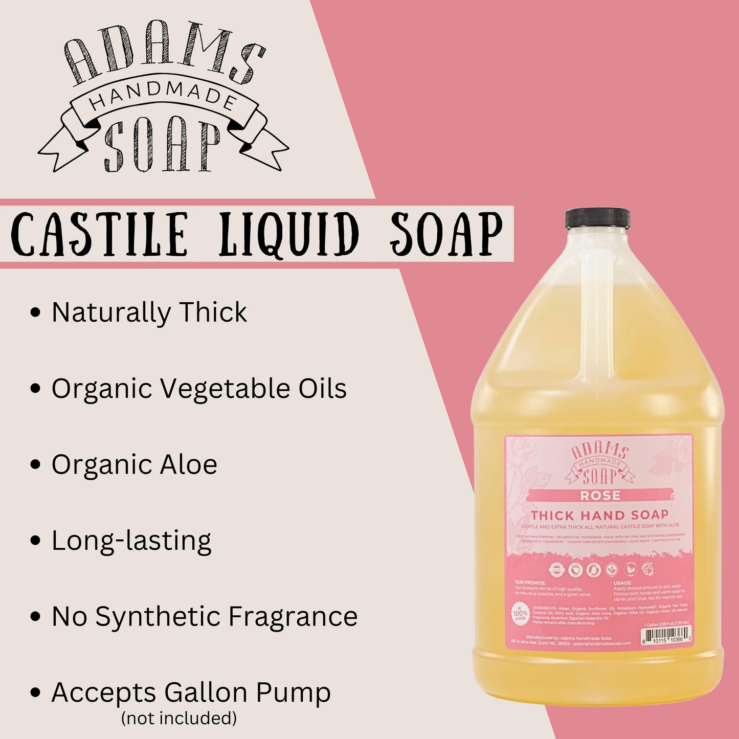 Adams Handmade Soap Thick Organic Castile Liquid Hand Soap 1 Gallon Refill - Rose (Pack of 4)
