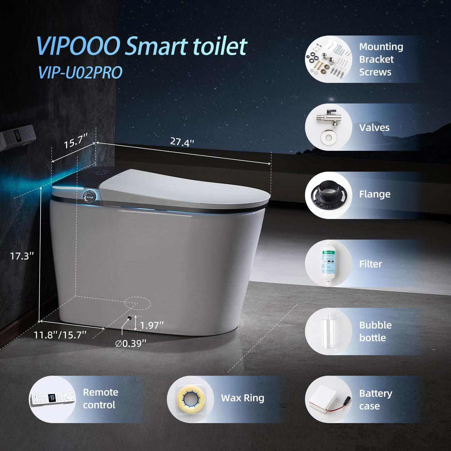 VIPOOO Smart Toilet with Bidet Built In- U-Widening Heated Seat, Foam Shield, Automatic Modern Intelligent Toilet With User Definition, Foot Sensor Flush, Warm Water Dryer VIP-U02PRO