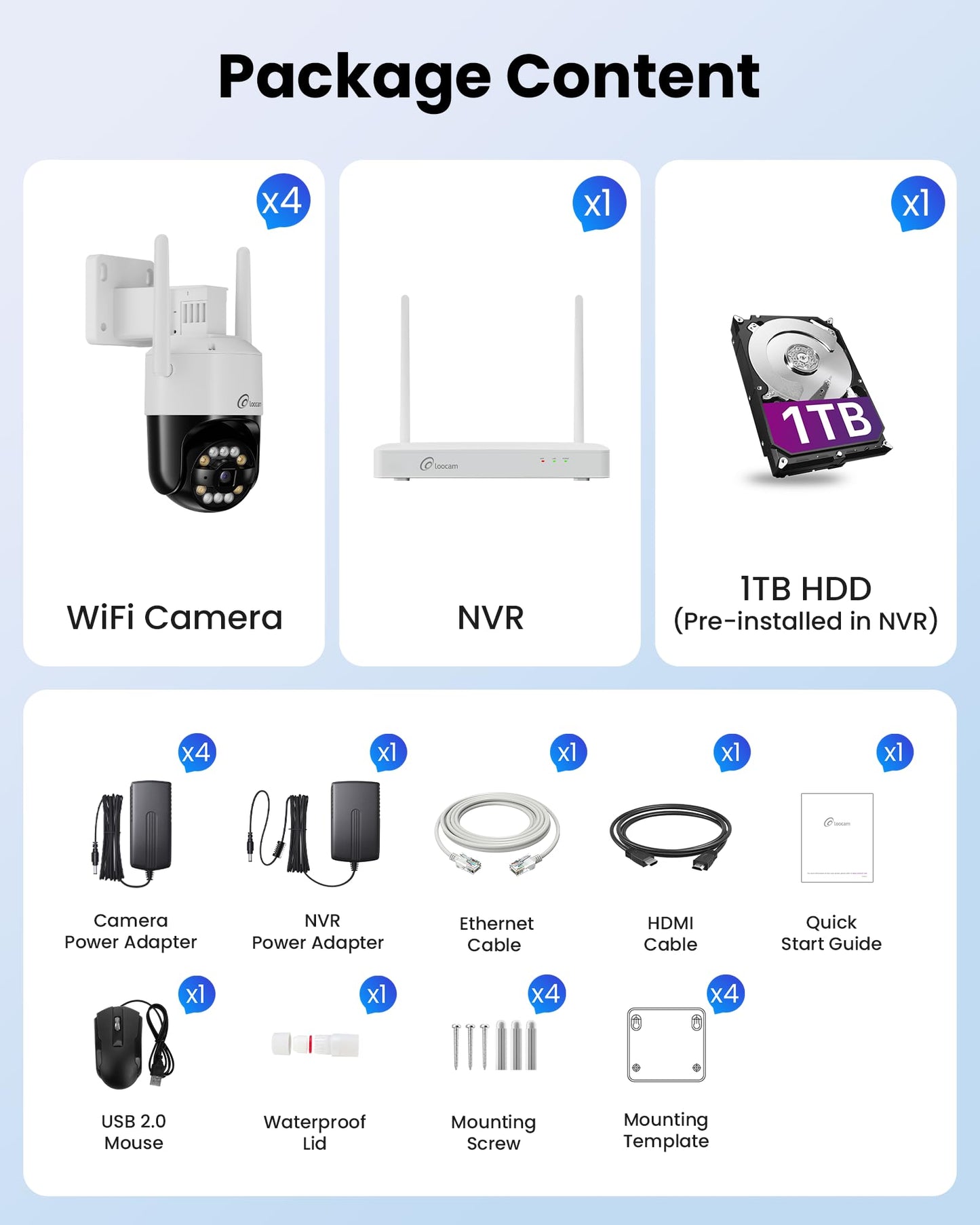 Loocam 4K Wireless Security Camera System Wi-Fi 6, Color Night Vision, 355° Pan 95° Tilt, Light & Siren Alarm, Human Vehicle Detection, Two-Way Audio Cameras for Home Security, 8CH NVR 1TB HDD