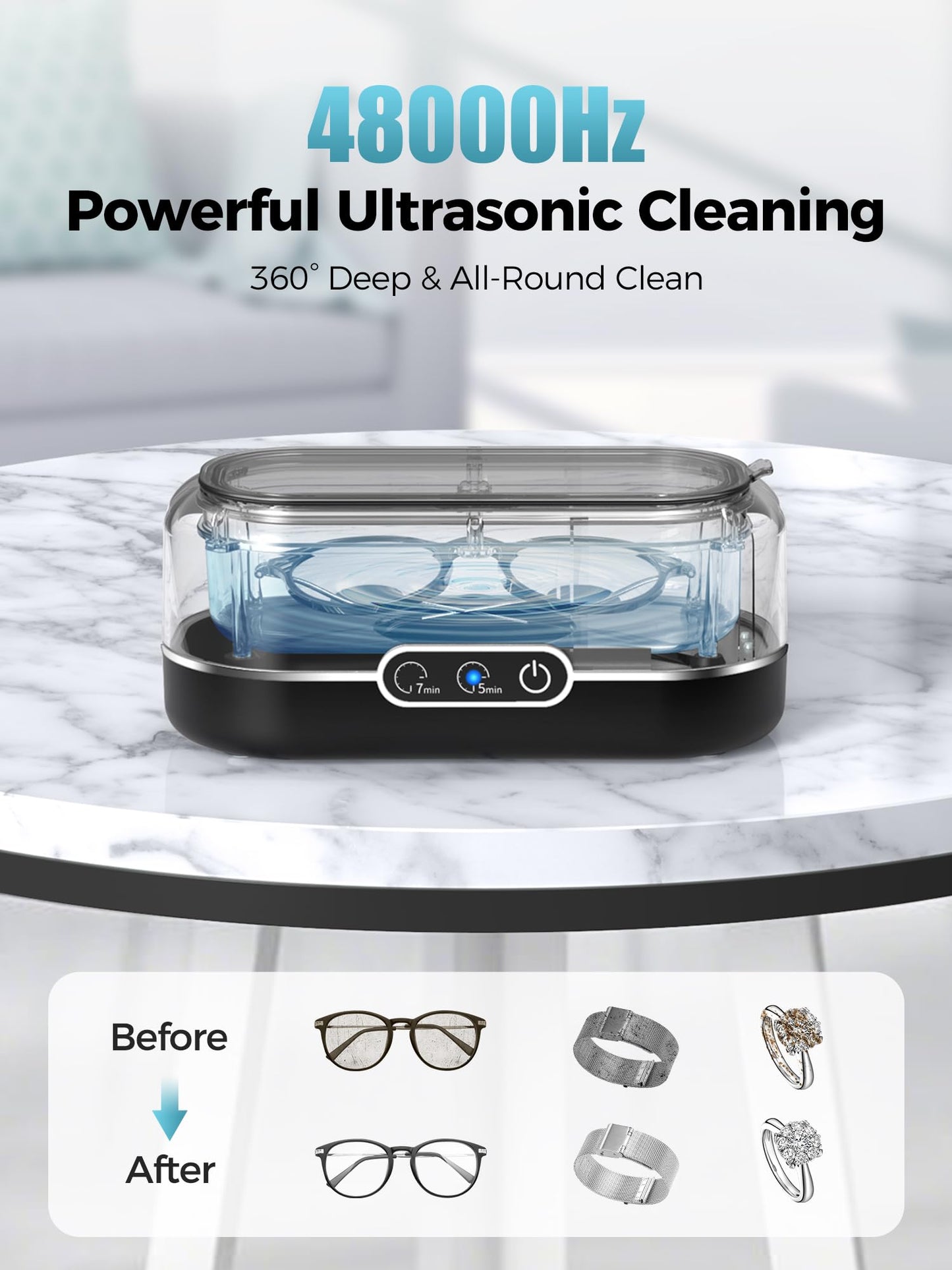 Miorcols Ultrasonic Jewelry Cleaner, 48KHz Jewelry Ultrasonic Cleaner Machine for All Jewelry, Glasses, Rings, Retainers, Watch Strap, Dentures, 304 Stainless Steel 12oz Cleaning Pod - Black