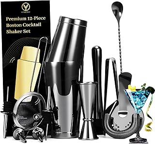 YXT&BEYOND Black Cocktail Shaker Set 12-Piece - Stainless Steel Mixology Bartender Kit with 30oz+20oz Boston Shaker Tins, ...