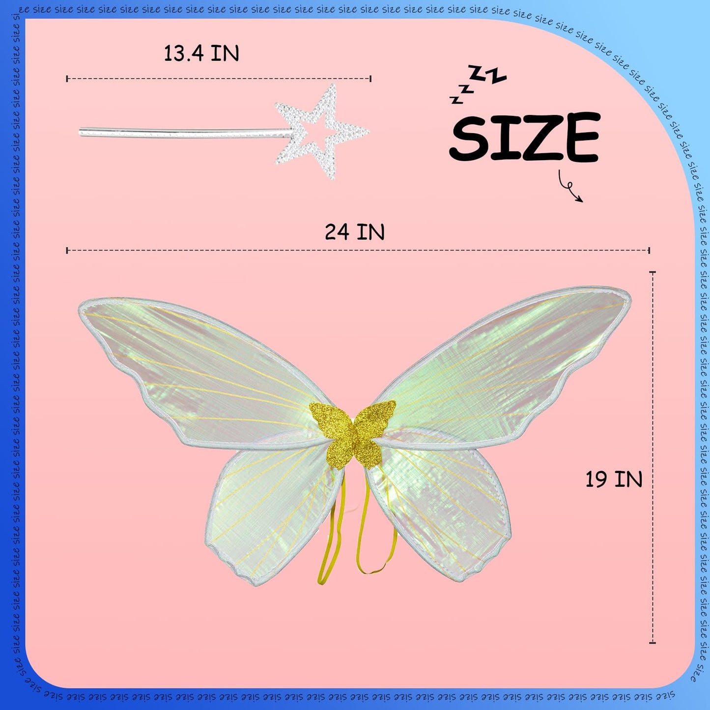 Fairy Wings for Adults and Girls,Fairy Costume Set with Floral Garland, Fairy Hair Tinsel, Wand & Elf Ears – 19"x24" Organza Butterfly Wings – Ideal for Cosplay, Party, Gold