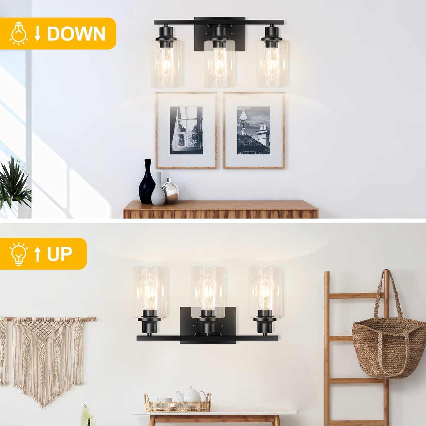 Apenath 3-Light Vanity Light, Matte Black Bathroom Lighting Fixtures Over Mirror, Modern Metal Wall Lights for Hallway Kitchen Bedroom Living Room