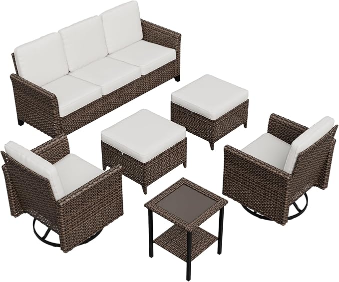 COOS BAY Harbor Retreat 6 Piece Outdoor Furniture Set, Patio Conversation Set with Swivel Rocking Chairs, 3 Seat Couch, Side Table and Ottomans, Wicker Furniture, Brown/Beige