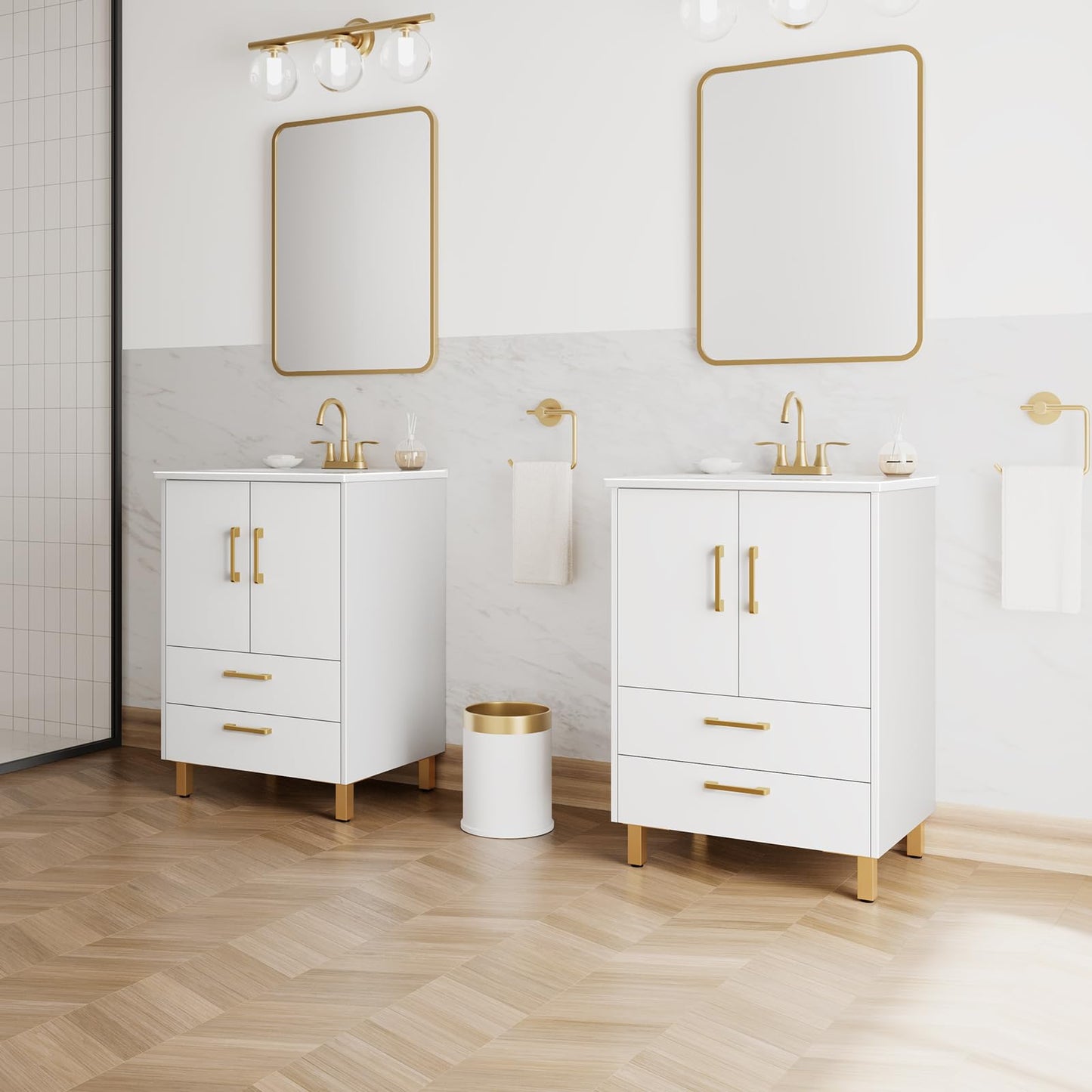 phiestina Fully Pre-Assembled 24 Inch White Bathroom Vanity with Ceramic Sink Combo, 2 Soft Close Doors and 2 Drawer Bathroom Storage Cabinet Set, BV02-WHITE-JH