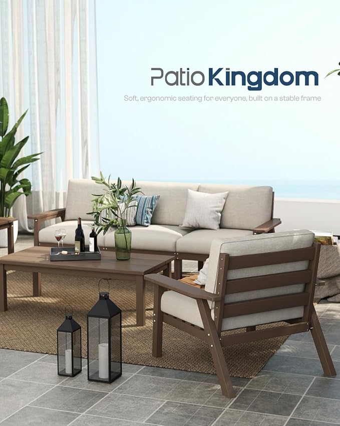 Patio Kingdom Patio Furniture Set with Washable Thick Beige Cushions, Coffee Table & Side Table, HDPE Outdoor Couch, All-Weather Outdoor Sectional Furniture, Patio Conversation Sets (Brown Frame)