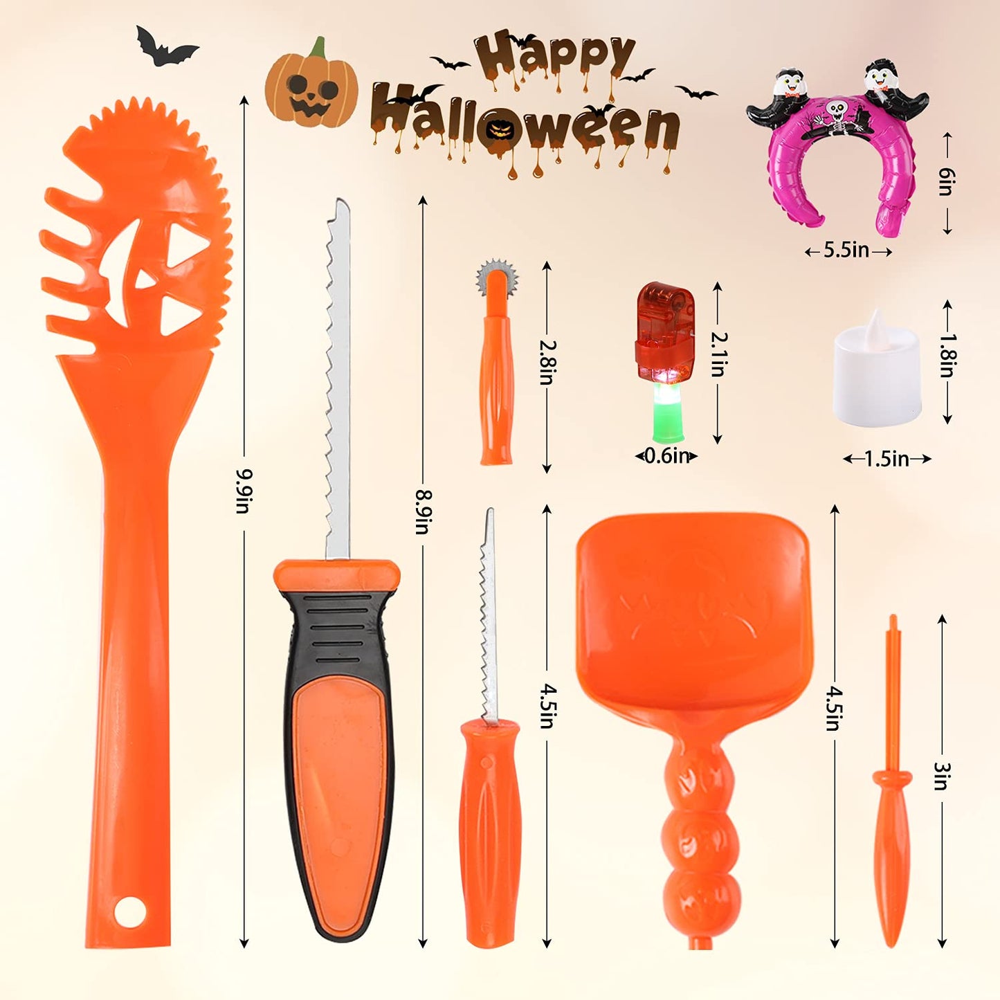 Halloween Pumpkin Carving Kit for Kids - 6 Tools Set, 6 LED Candles, 4 Balloon Headbands, 6 LED Rings, 6 Stickers, 10 Carving Stencils for Decorations