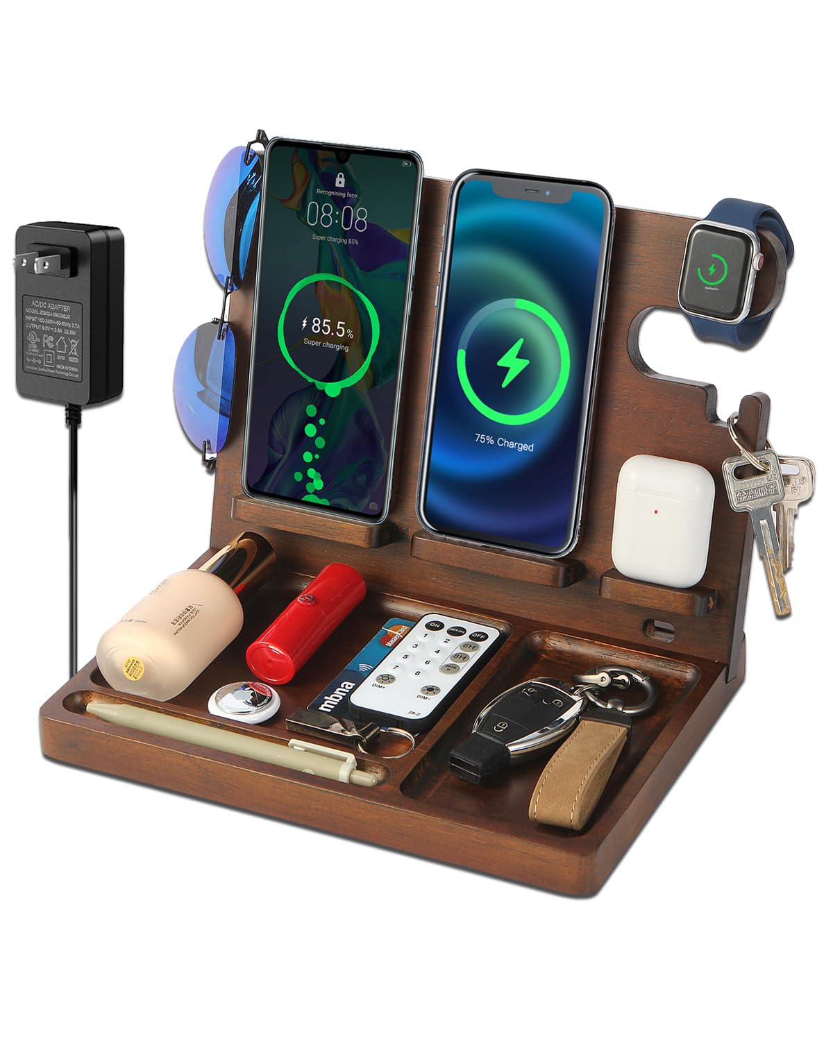 Xunhomon Wireless Charging Station,Wood Phone Docking Station for Men,Nightstand Organizer Charging Station with 4 Wireless Char