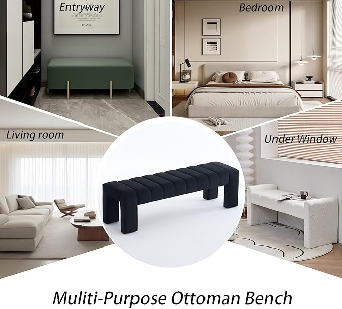 AIITTCC Velvet End of Bed Bench Upholstered Modern 59" Bedroom Bench for King Bed Bench Tufted Window Bench Comfy Long Ottoman for Living Room/Entry/Indoor(Black, 59" Wide)