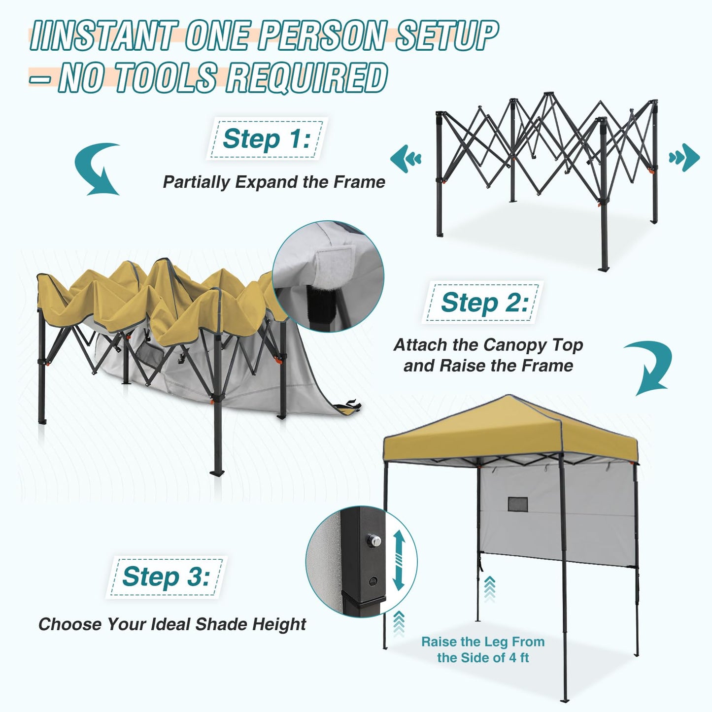 EAGLE PEAK Instant Pop Up Canopy with Adjustable Sun Wall 6x4, Straight Lightweight Compact Portable Tent with Carry Bag, Beige