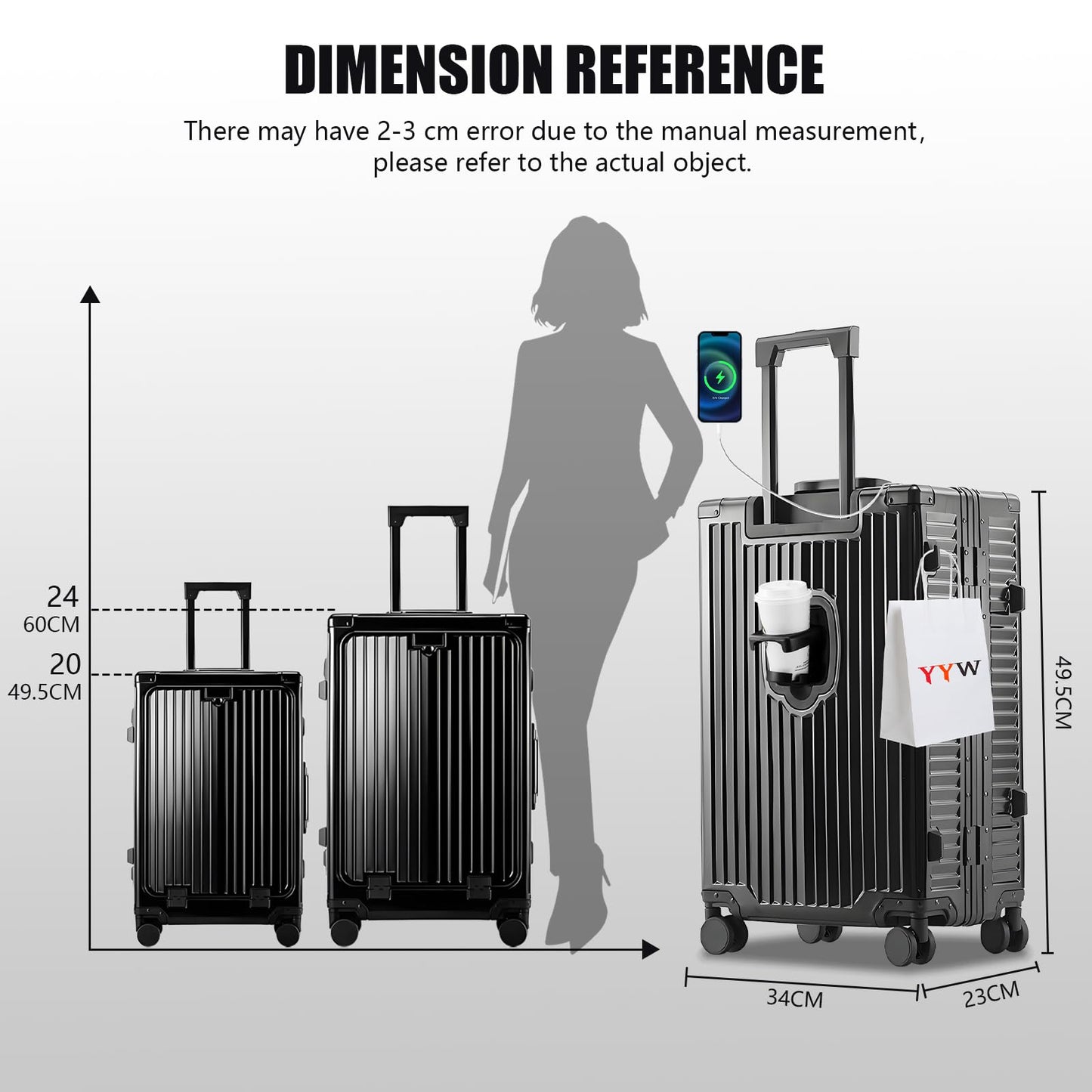 YYW All Aluminium Luggage With Spinner Wheels Lightweight PC hardside Rolling Suitcase, Built-In TSA lock Carry on Suitcase, with Cup Holder, USB Port, Phone Holder (Gray,20inch/35x23x55cm)
