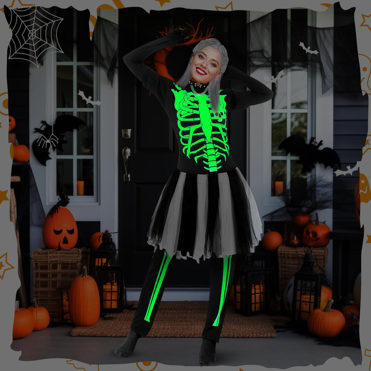 Maiteenly 13 Pcs Halloween Glow in The Dark Skeleton Costume for Women Set Adult Punk Bones Tutu Dress Hairpiece Necklace(3XL)
