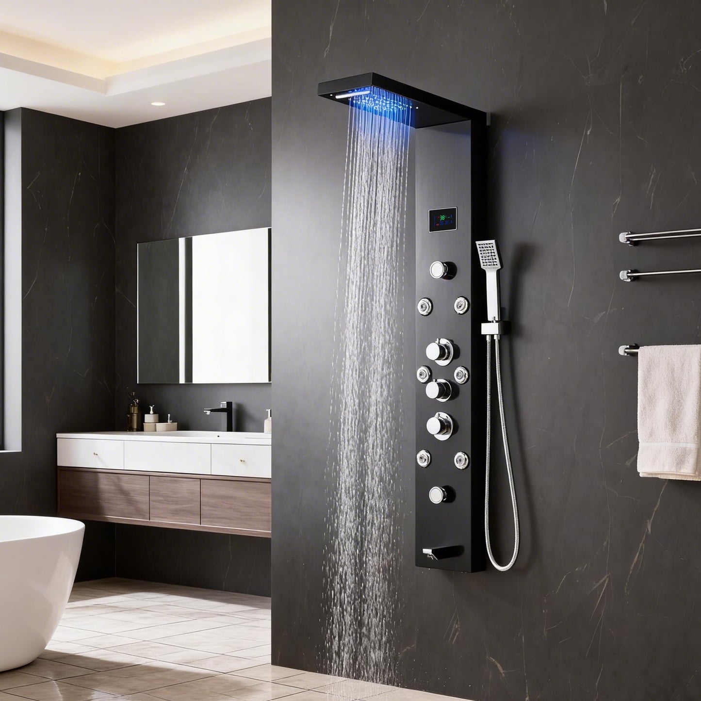 HSYLYPA Shower Panel Tower System Shower Panel Tower with Powerful Body Jets, Rainfall, Waterfall,Handheld and Tub Spout,Stainless Steel LED Shower Column - Brushed Black