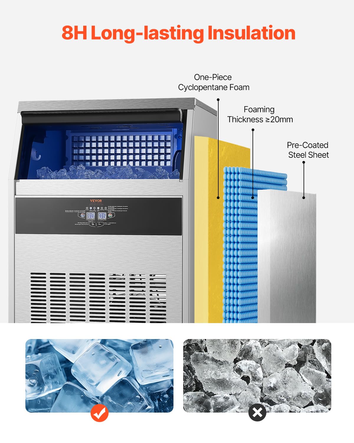Vevor 160Lbs/24H Commercial Ice Maker Machine With Drain Pump, 66Lbs Storage Capacity Ice Maker, 80 Ice Cubes In 15 Minutes, Led