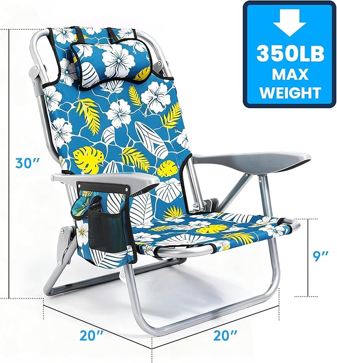 Canpsky Portable Beach Chair for Adults, Outdoor Camping Chair Lay Flat Folding Backpack Beach Reclining Chair with 5 Positions, Headrest, Cup Holder, Heavy Hawaiian Style